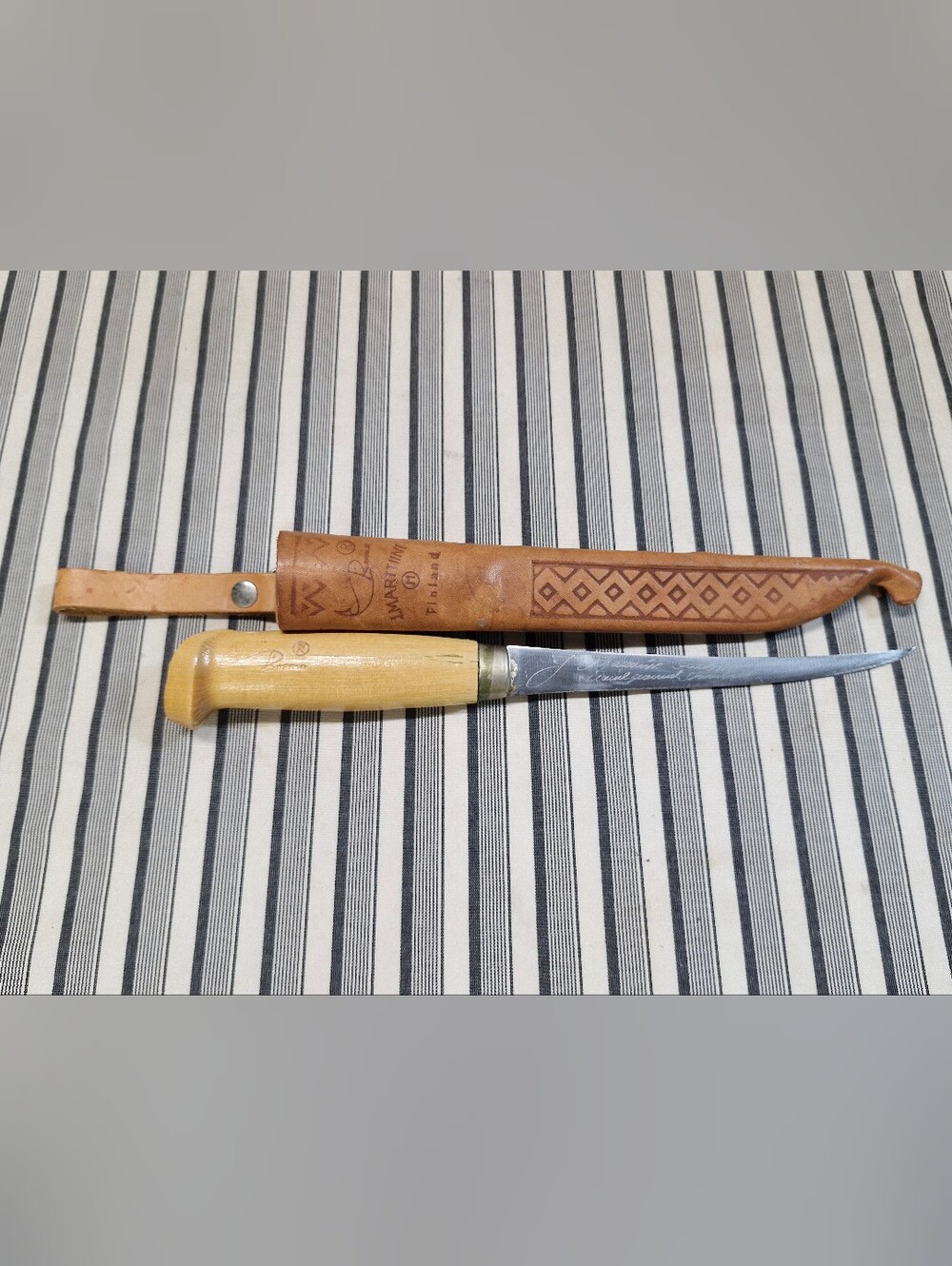 Vintage J. Marttiini Finland Fillet Knife Wood Handle Leather Sheath Fishing